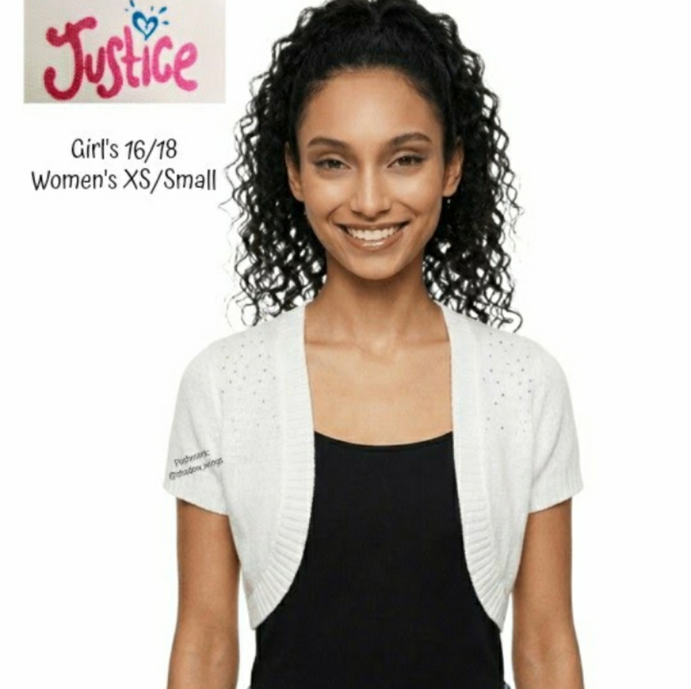 Justice White Rhinestone Shrug - Girl's 16/18 Women XS/Small Cropped Cardigan